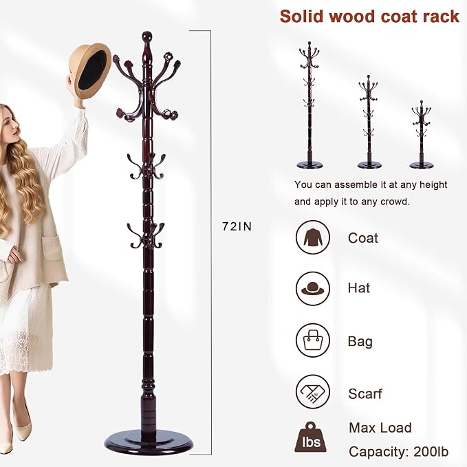 Coat Racks Freestanding, Natural Wood Coat Stands with 14 Hooks, 73" Heavy Duty Adjustable Height Vintage Hall Tree for Entryway, Bedroom, Office, Easy Assembly (Rosewood Ruyi hook)