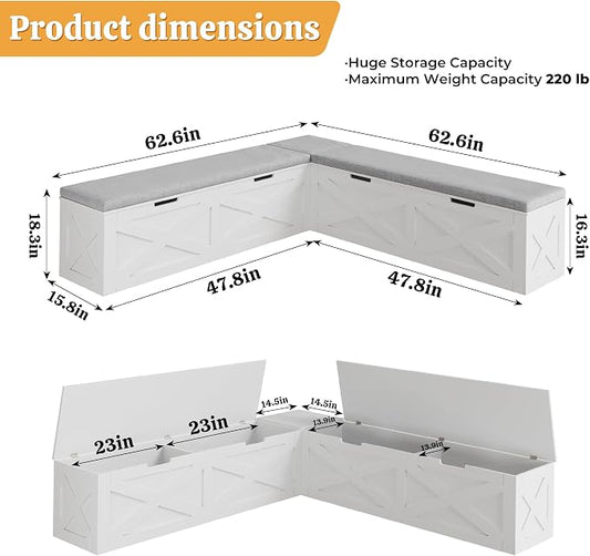 Bobve L-Shape Storage Bench with Cushion, Backless Corner Dining Bench, Kitchen Dining Nook Bench with Hidden Storage for Dining Room, Kitchen, Entryway (White+Grey)