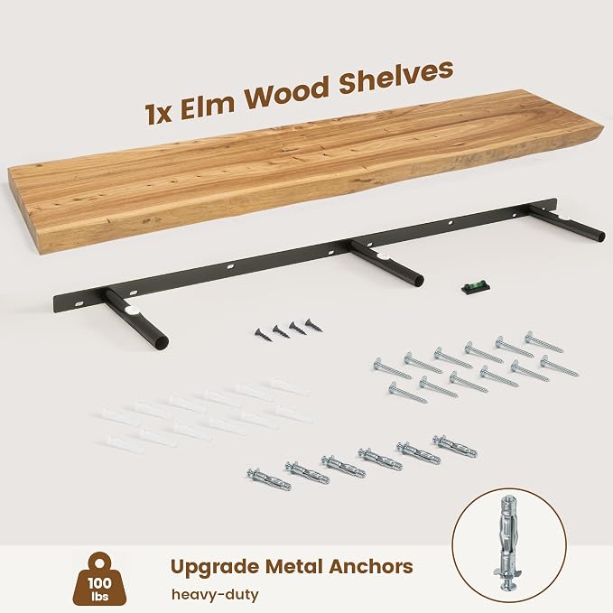 Live Edge Floating Shelves for Wall Decor, Solid Elm Wood Floating Shelves Wall Mounted, Rustic Wall Shelves with Invisible Bracket for Living Room Bathroom Bedroom Kitchen, 55 Inch, Natural