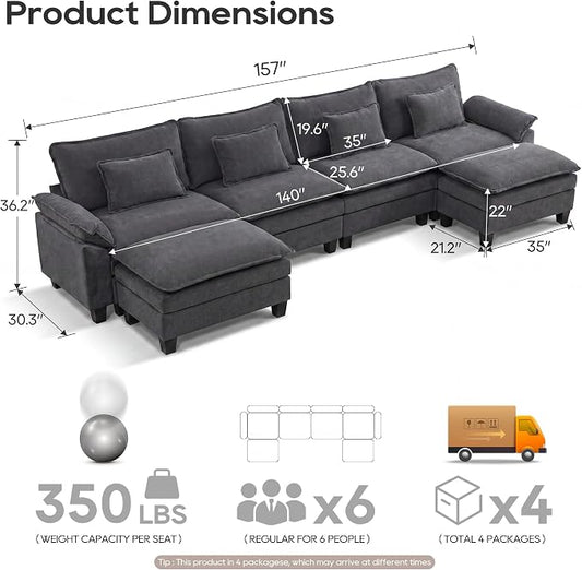 URRED Oversized Modular Sectional Sofa, 157" U Shaped Modern Comfy Cloud Couch with Movable Ottoman & Pillows, Deep Seat Couches for Living Room, Bedroom or Apartment (Velvet Grey, 157" U Shaped)