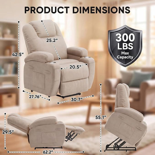 Flamaker Power Lift Chair Massage Recliner Chairs for Elderly - Ergonomic Design with Cup Holders & Side Pockets, Remote Control (Beige)