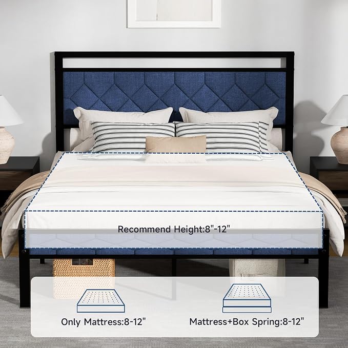 Z-hom Easy Assembly Upholstered Platform Bed Frame with Soft Padded Headboard, Modern Linen Fabric Mattress Foundation, No Box Spring Needed, Noise-Free & Sturdy Metal Support, Queen Size (Blue)