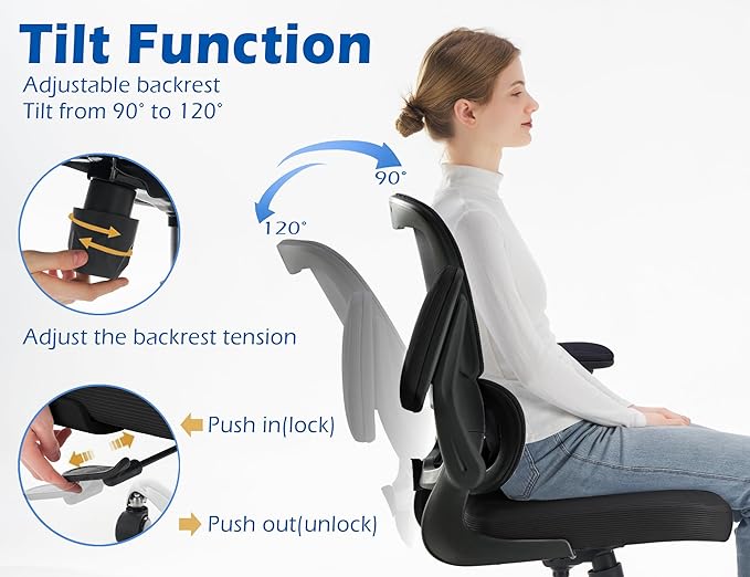 TRALT Ergonomic Office Chair - Desk Chair with Adjustable Lumbar Support Computer Chair - Mesh Comfy Chair with Flip-up Armrests - Gaming Chairs for Adults Home Office (Leather, Black)