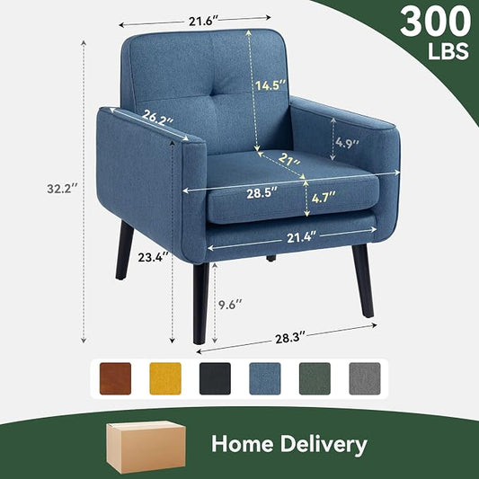 Vogue Furniture Direct Mid Century Accent Chair, Fabric Modern Chair with Wooden Frame, Cozy Armchair Reading Chair with Comfy Back for Apartment, Living Room, Bedroom, Small Space, Corner, Blue