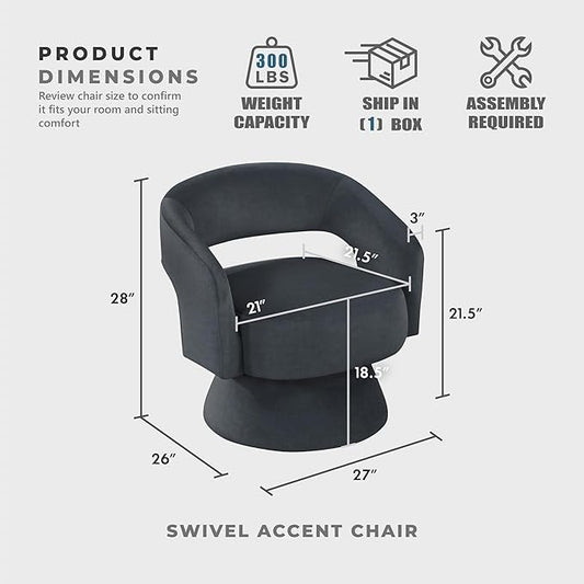 Lexicon 360 Degree Swivel Accent Chair, Modern Comfy Velvet Round Barrel Chair, Open Back, Plush Foam Cushions, Metal Swivel Base for Living Room/Bedroom/Office/Small Spaces, Dark Gray