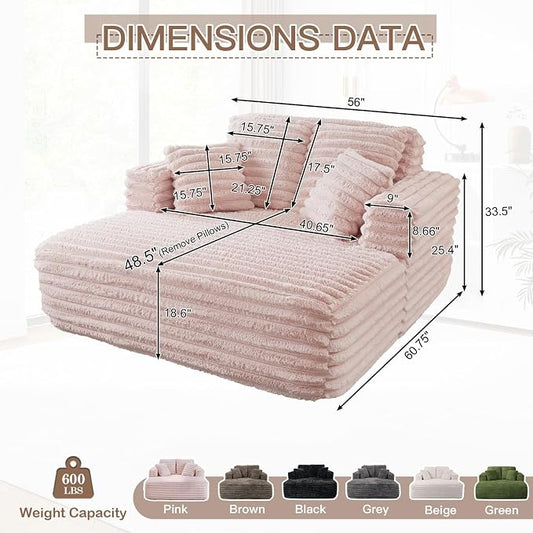 JEEOHEY 56" Oversized Chaise Lounge Chair Indoor,Plush Faux Fur Sleeper Sofa Couch Bed with Pillows&Wide Armrests,Fluffy Comfy Cloud Couch,Compression Foam Couch for Living Room,Bedroom(Pink)