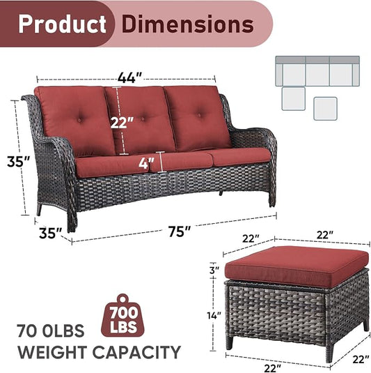 Outdoor Patio Furniture - 3 Seater Outdoor Rattan Wicker Sofa Patio Couch with Ottoman for Porch Deck Garden Backyard - Brown/Red