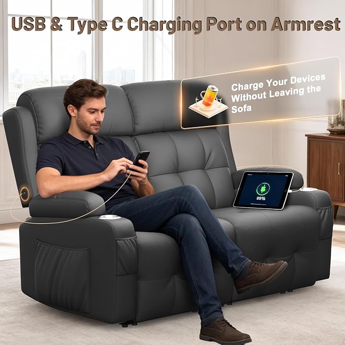 Power Loveseat Recliner with 2-Point Graphene Heat & Massage, Under-Seat Multi‑Color Adjustable LED Light Strips, Foldable Armrest, USB A/C, Wall Hugger Recliner Couch for RV Home Theater
