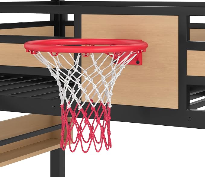Bellemave Twin Size Bunk Bed with Basketball Hoop, Pull-up Rings and Climbing Wall, Twin Bunk Bed with Slide and Bookcase, Heavy Duty Bunk Beds with Guardrail, Natural