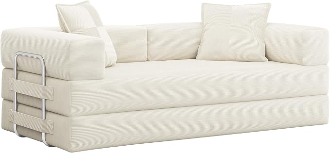 GRUSIGN 78 Inch Convertible Sofa Bed, 5-in-1 Futon Sofa Bed Pull Out Couch, Boneless Couch Bed for Living Room, Corduroy Boneless Couches for Bedroom, Apartment, No Assembly Sleeper Sofa Bed, Beige