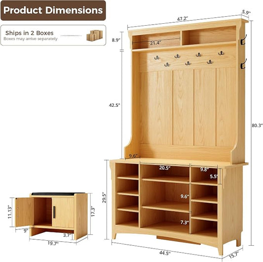 IRONCK 80" H 47" W Large Hall Tree with Bench and Shoe Storage, 6-in-1 Entryway Bench with Coat Rack, Adjustable Shelf, Hanging Hooks, 11 Shoe Cubbies, 2-Tier Top Storage for Entryway and Bedroom, Oak