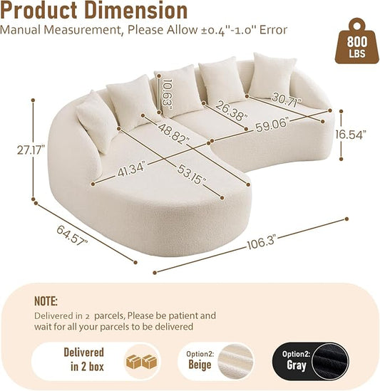 106.3" Curved Sofa with L-Shape Chaise,Modern Luxury Chenille 4-Seater Sofa,Curved Cloud Couch with 4 Throw Pillows for Living Room, Apartment (White)