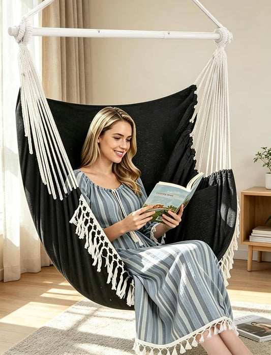 Chihee Hammock Chair 4.9ft x 3.9ft Max 500 Lbs Widen Hanging Swing 2 Cushions Included Metal Spreader Bar with Anti-Slip Grooves Portable Comfy Hanging Chair Side Pocket Bohemian Chair Indoor Outdoor