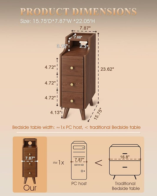 Narrow Nightstand with Drawers, 7.9" Solid Wood Nightstand with Open Shelf & Cable Hole, Modern Night Stand Slim Bedside Table for Small Spaces, Bedroom, Study