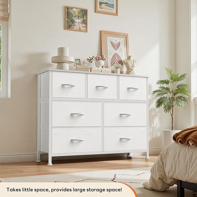 Sweetcrispy 7 Drawer Dresser with Fabric Bins Fabric Storage Tower Organizer for Bedroom Closet Hallway Entryway Tall Chest of Drawers with Steel Frame Wood Top Easy Pull Handles,White