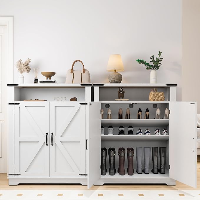 ALLSTAND 6-Tier Shoe Cabinet with Doors, Set of 2, Entryway Shoe Rack Shoe Storage Cabinet with Adjustable Shelves & Anti-tip Fitting for Entryway, Living Room, Closet (White, 4-Doors)