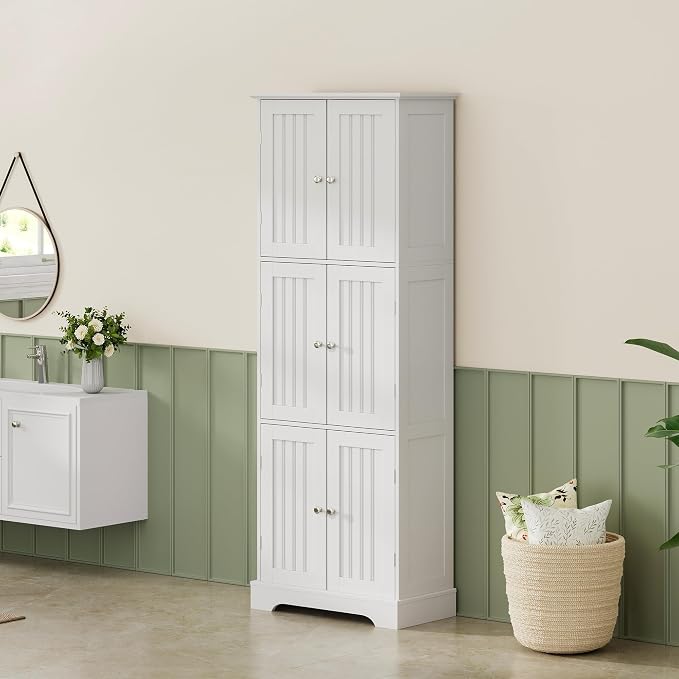 ChooChoo Tall Bathroom Storage Cabinet with 6 Doors, Freestanding Floor Cabinet with Adjustable Shelves, White Pantry Cabinet for Bathroom, Kitchen, Laundry Room