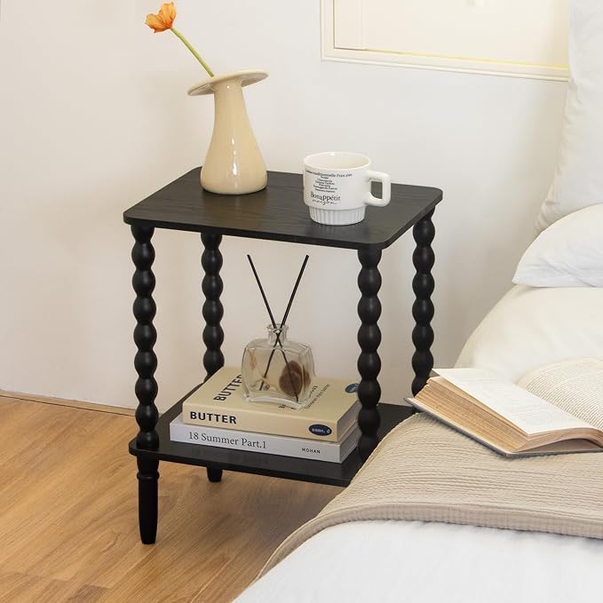 Fultyle Black Side Table, Small End Table with 2-Tier Shelf, Vintage Night Stand with Storage for Bedroom Living Room, Small Spaces (Black)