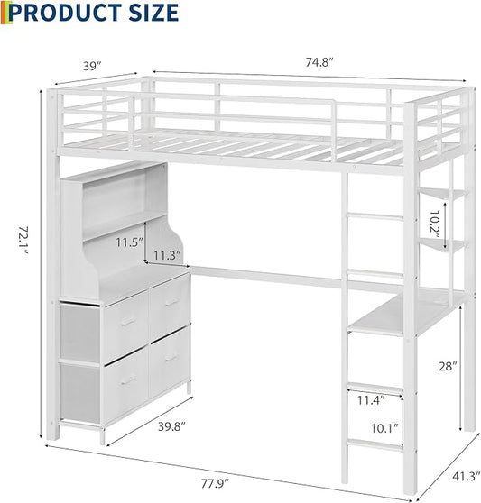 Twin Size Loft Bed with Desk, 4 Large Fabric Drawers and Open Shelves, Heavy Duty Metal Loft Bed with LED Lights, Power Outlets, Safety Guardrails & Ladder, Space Saving, No Box Spring Needed, White