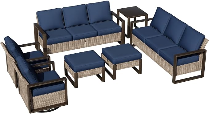 Outdoor Patio Swivel Rocker Chairs, 7 Pieces Wicker Furniture Set, 2 Swivel Rocking Chairs, 2 Sofa 2 Ottoman and 1 Table, Wide Armrest, Thick Cushions and Deep Seating for Garden, Backyard, Porch
