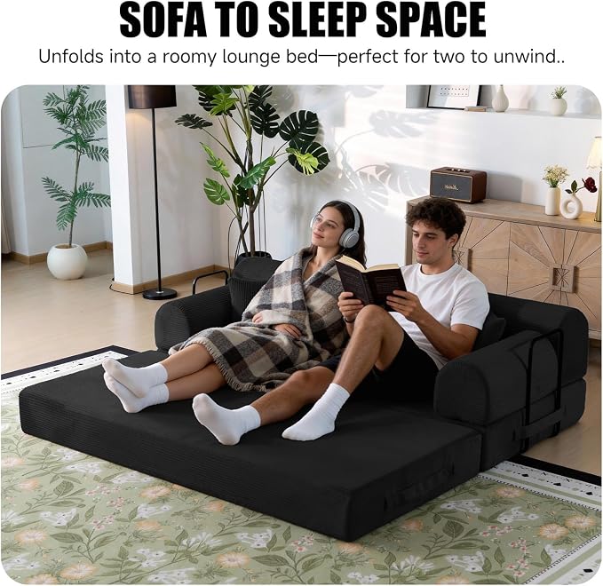 78.8" Boneless Memory Foam Couch, Corduroy Convertible Floor Sofa Bed, Fold-Out Sleeper Futon Loveseat, Wide Armrests & Supportive Back, 1200 lb, Couch in a Box, 2 Pillows, Black