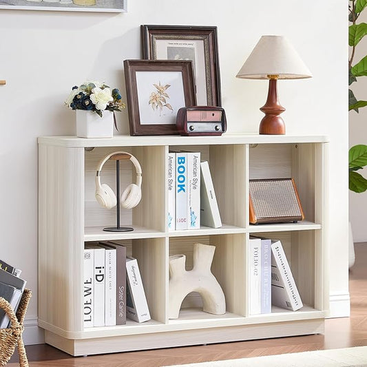 Joaxswe 6 Cube Bookcase, 40" Wide Horizontal 2-Tier Book Shelf w/Curved Edge, Wood Low Floor Standing Bookshelf with Base, Modern Short Storage Organizer for Living Room,Office, Gray-White Cream Oak