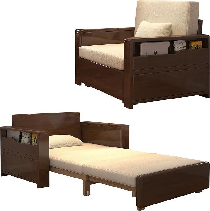 48" 3-in-1 Storage Sleeper Sofa Bed, Walnut Finish Solid Wood Frame | Solid wood sofa for living rooms, apartments & offices — single-size, it works as a guest bed to maximize small space.