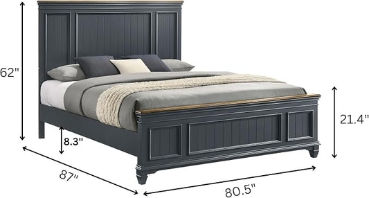 Roundhill Furniture Riverton Wood 3-Piece Bedroom Set, Shiplap Panel King Bed with 2 Nightstands in Slate Blue