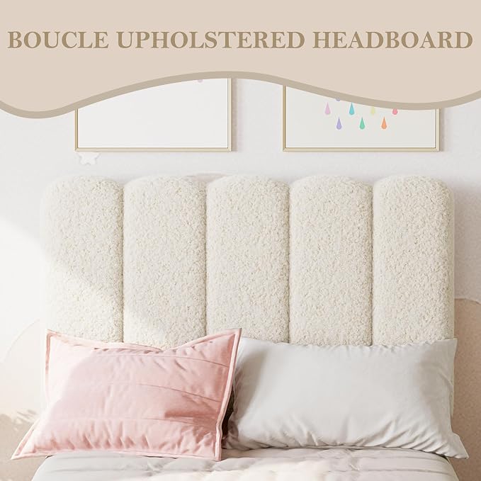 GarveeHome Twin XL Bed Frame, Upholstered Platform Bed with Wave Headboard for Girls/Kids, Easy Assembly, Wooden Slats Support, No Box Spring Needed, Boucle Beige