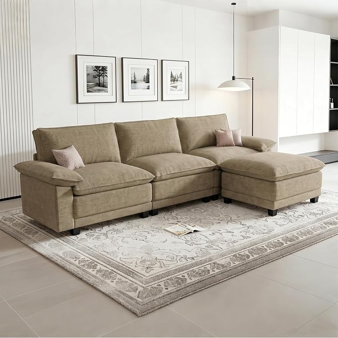Modern L Shaped Sofa Couches for Living Room, Modular Sectional Cloud Couch with Movable Ottoman, Comfy Chenille Sofa for Apartment and Small Space, Light Yellow