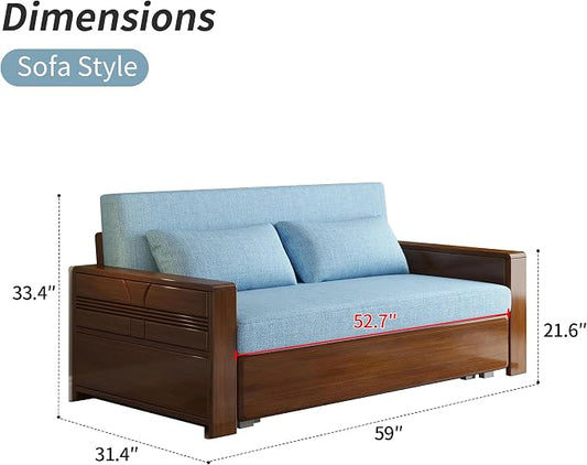 3 in 1 Pull-Out Convertible Sofa Bed, 59" Blue Plush Cushion Sleeper Couch, Reversible Chaise, Walnut Solid Wood Frame for Home, Office, Apartment