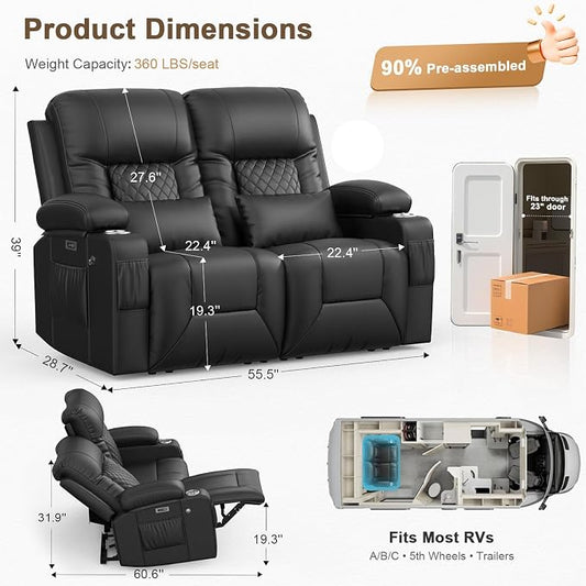 Power RV Loveseat Recliner Sofa, Reclining Loveseat Home Theater Seating with USB Ports, Cup Holders, Wall Hugger Recliners for Movie Room, Recline Movie Seats Gaming Sofa, Black