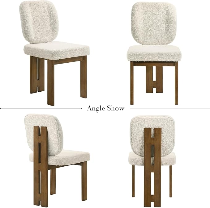 CIMOTA Modern Boucle Dining Chairs Set of 2, Upholstered Armless Side Chairs with Ergonomic Curved Back/Walnut Wood Legs, Mid-Century Dining Kitchen Room Chairs for Kitchen or Dining Room, Beige