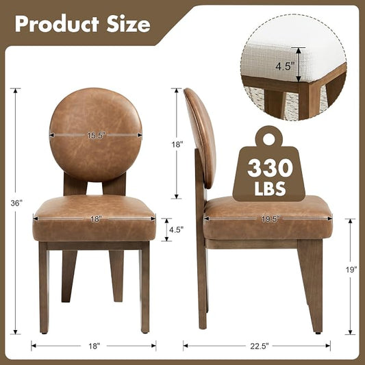 Hyfirm Mid-Century Modern Walnut Dining Chairs Set of 4, Vintage Brown Leather Wooden Kitchen Chairs, Retro Upholstered PU Cushioned Seat with Curved Backrest, Armless Accent Side Chair for Bedroom