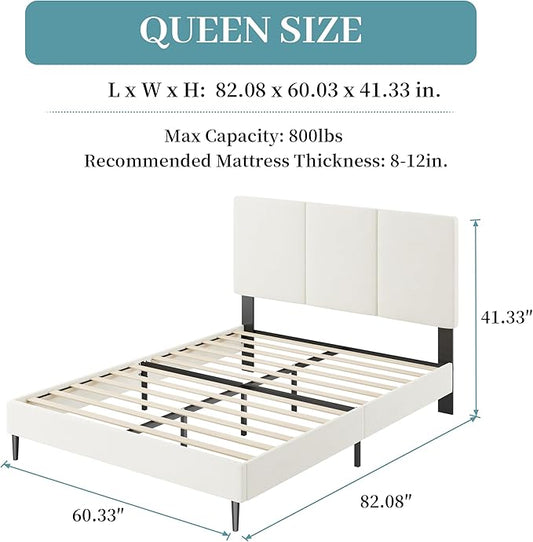 IOILORI Queen Size Bed Frame with Upholstered Headboard, Sturdy Wood Slats, No Box Spring Required, Silent, Easy Assembly, Beige