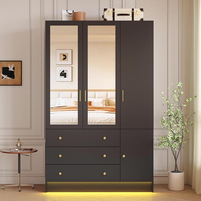 75” Tall Wardrobe Closet with 3 Doors & 3 Drawers, Modern Armoire with Mirror & LED Lights, Wooden Armoire Wardrobe Closet for Bedroom, Hanging Rod, Freestanding Clothing Storage Cabinet, Black
