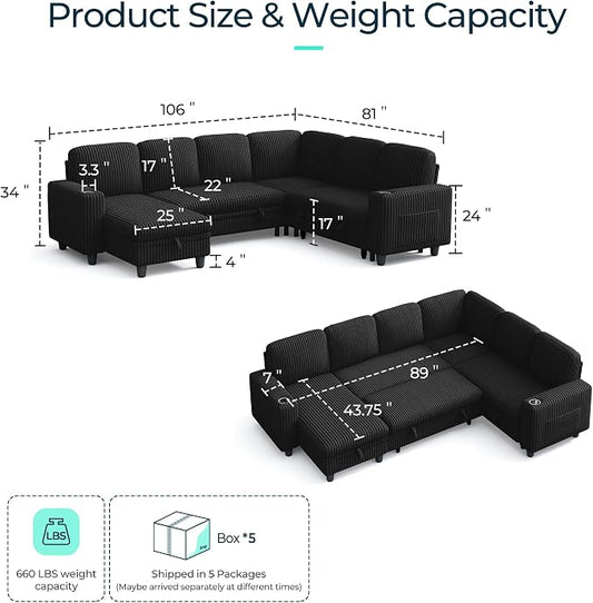 LINSY HOME Sectional Sleeper Sofa with Pull Out Couch Bed - Convertible Plush Corduroy Cloud Couch with Storage Chaise & USB Charging, Comfy Modular Couches for Living Room, Black