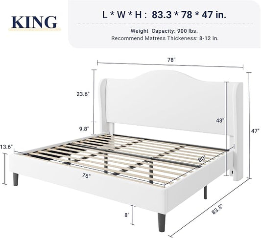 Allewie King Size Bed Frame, Upholstered Wingback Platform with 47" Tall Tufted Headboard, Plush Velvet Fabric, Modern Minimalist Design, No Box Spring Required, Tool-Free Assembly, White