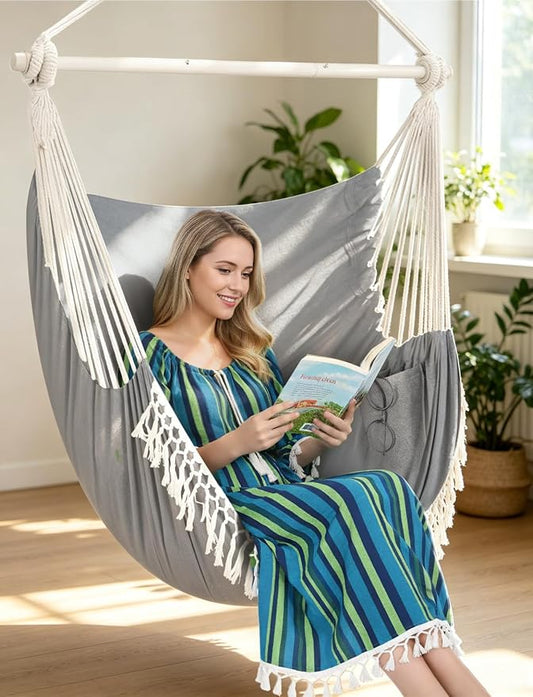 Chihee Hammock Chair 4.9ft x 3.9ft Max 500 Lbs Widen Hanging Swing 2 Cushions Included Metal Spreader Bar with Anti-Slip Grooves Portable Comfy Hanging Chair Side Pocket Bohemian Chair Indoor Outdoor