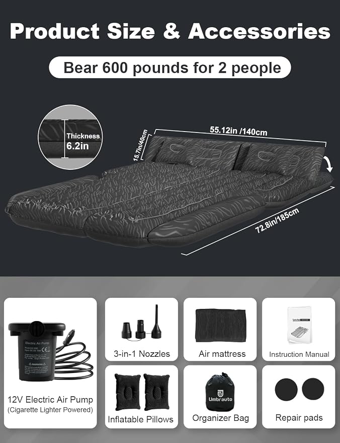 Umbrauto SUV Air Mattress, Quick Inflation Inflatable Car Camping Bed for Back Trunk Sleeping, Flocked Surface/Leakproof PVC/Reinforced Bottom Airbed Fits Most SUVs with Pump, Pillows, Carry Bag