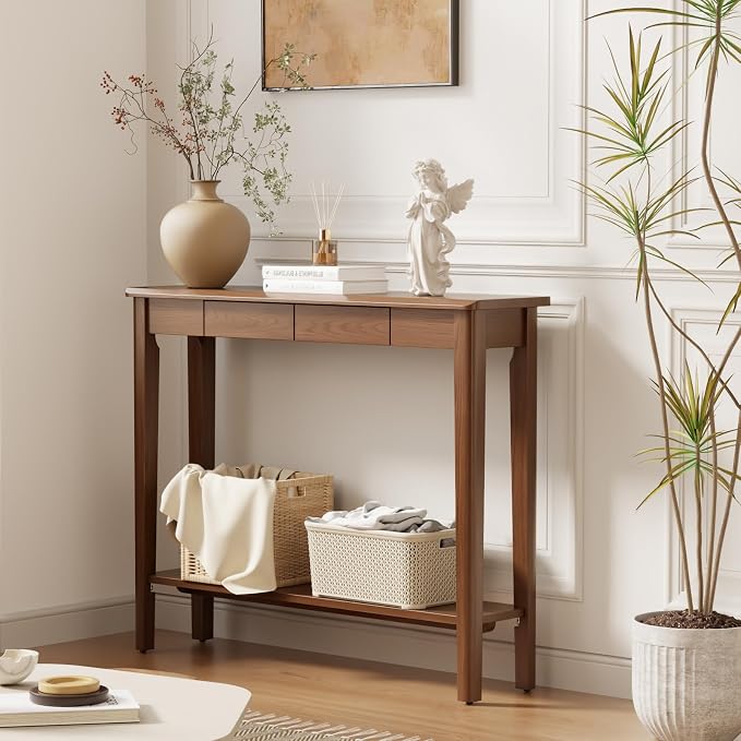 AQIMUELE Wood Console Table with Drawers, Walnut