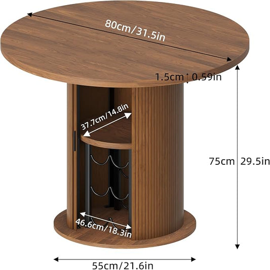 Dining Table for 4, 31“ Round Dining Room Kitchen Table with 2-Tier Storage Shelf & Wine Rack, Fluted Wood Table with Slide Door, Wood Oval Dinner Furniture(Walnut-Non Extensible, 31 Inch)