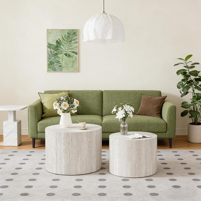 Round Nesting Coffee Tables Modern Travertine Coffee Table Small Round Coffee Tables Circular Side Table Accent End Table Nested Coffee Table Set for Living Room (Travertine)