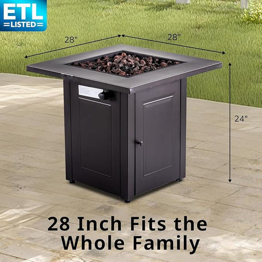 Hexago 28 Inch Propane Fire Pit, ETL Listed Outdoor Fire Pit Table, 50,000 BTU Steel Gas Fire Pits with Lid and Lava Rock, Add Warmth and Ambience to Parties On Patio Deck Garden, Mocha