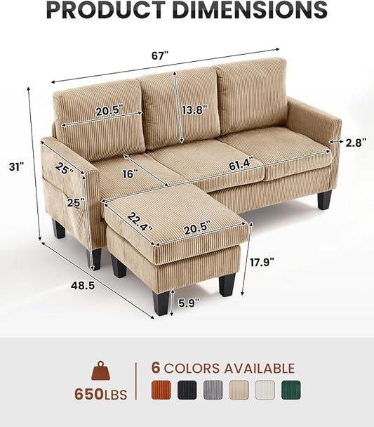 Karl home 67" Small Sectional Couch L Shaped Sofa, Khaki | Movable Storage Ottoman, Corduroy Upholstered, Sofa Chaise, Side Pockets 5.9" Sofa Legs for Living Room, Apartment, Studio