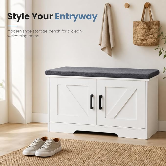 DUMOS 28" Shoe Storage Bench, Entryway Shoe Organizer Cabinet with Padded Seat Cushion, Adjustable Shelf and 2 Doors, Compact Storage Bench for Small Spaces, Hallway, Bedroom, Living Room, White