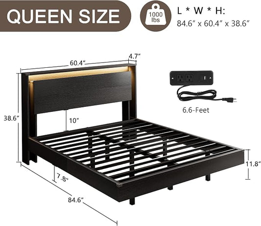 Einhomn Bed Frame Queen Size with LED Lights & Charging Station – Kids Wood Floating Queen Bed Frame with Storage Headboard, Adhesive Slats, Kick-Free & Noise-Free Design, Easy Assembly, Black