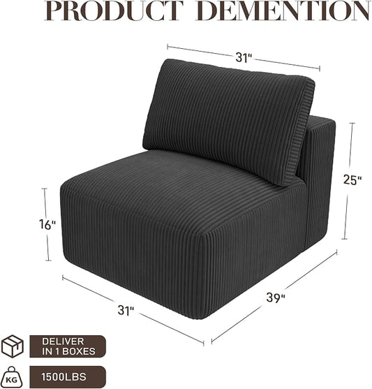 Modular Sectional Sofa Extension, Armless Memory Foam Cloud Chair, 31" Boneless Corduroy Upholstered Single Seat, No Assembly Required Accent Chair for Living Room Apartment Home Decor, Black