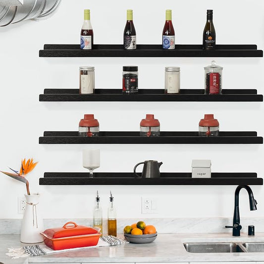 Long Floating Shelves 36 Inches Set of 4,Wood Picture Shelf for Wall with Ledge,Photo Frames Display Shelves Wall Mounted for Living Room Bedroom Kids Nursery,Home Decor (Rustic Black, 36")