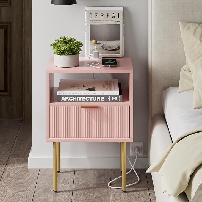 Masupu Nightstand with Charging Station,Mid-Century Modern Bedside Table with Storage Drawer and Open Wood Shelf,Small Gold Frame Side Table for Bedroom,Living Room (Pink)